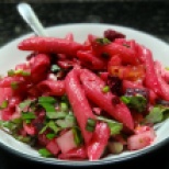 Pink pasta salad with balsamic beetroot